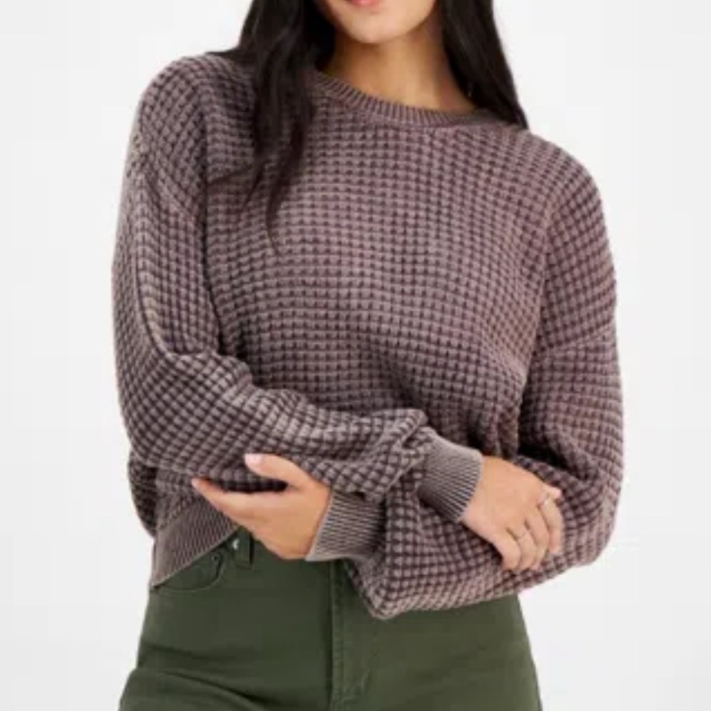 NEW ULTRA FLIRT Women’s Washed Waffle-knit Cropped Crewneck Sweater Retro Coco